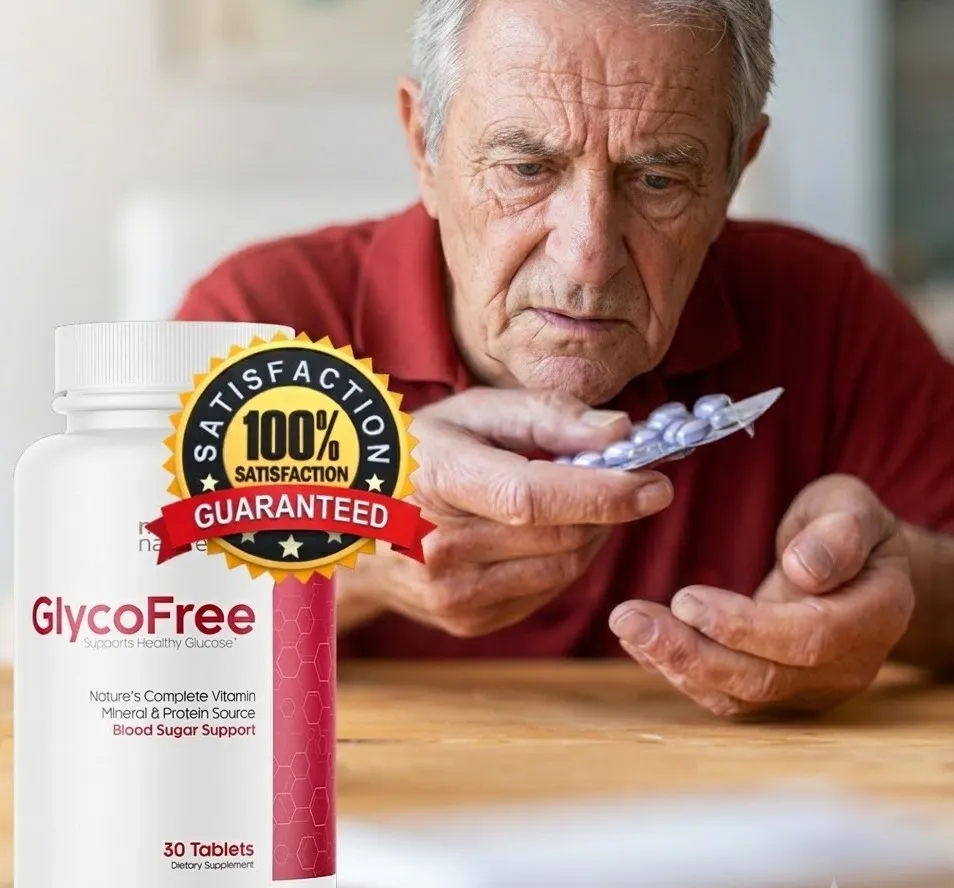 Senior man holding a blister pack of pills next to a GlycoFree supplement bottle with a satisfaction guaranteed badge.