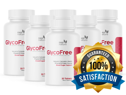 Six bottles of GlycoFree supplement with a 100% satisfaction guarantee seal