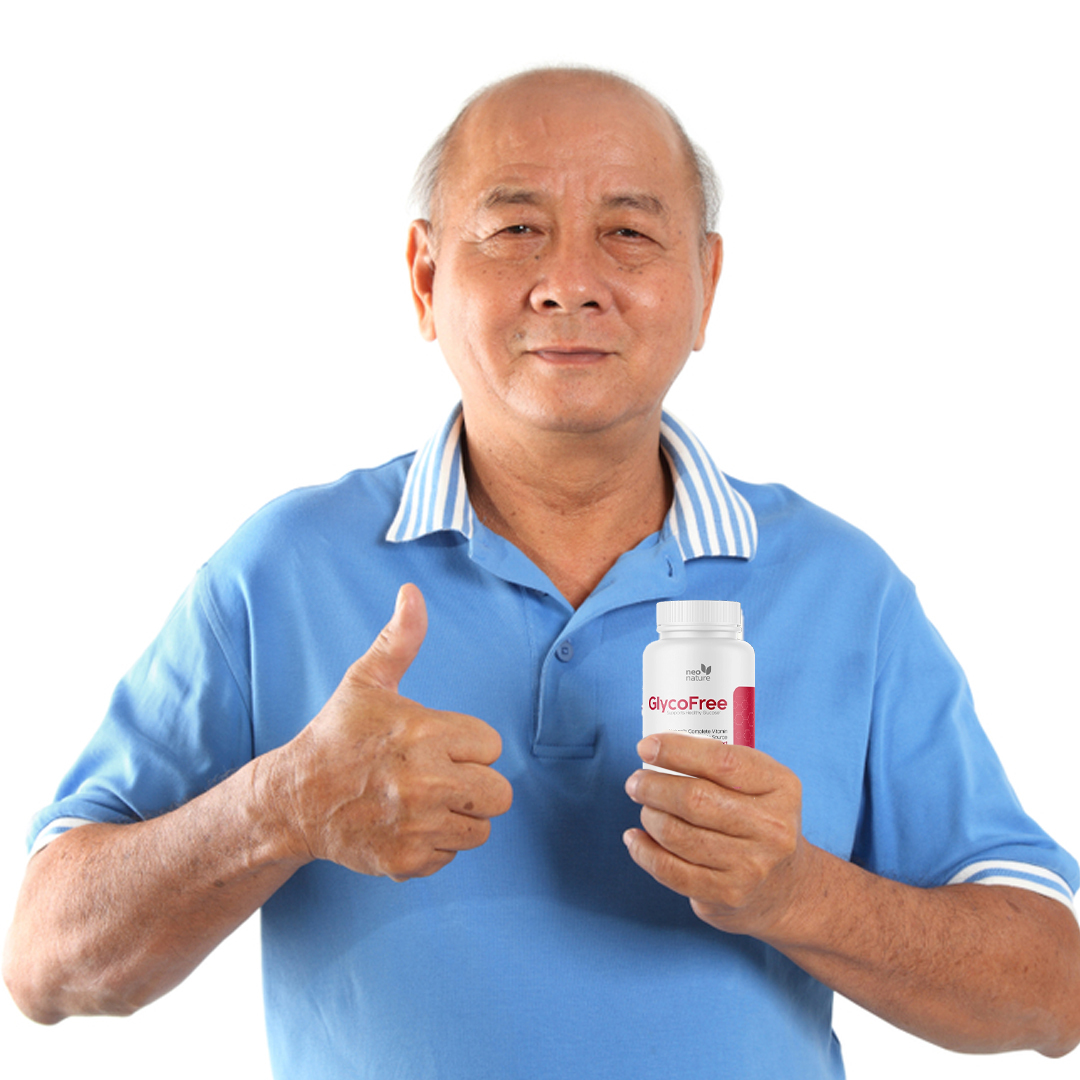 Senior man giving a thumbs up while holding a bottle of GlycoFree supplement.