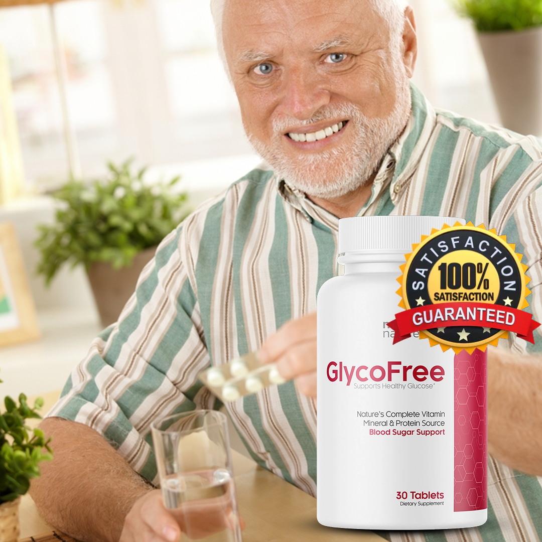 Senior man holding a blister pack of pills and a glass of water next to a GlycoFree supplement bottle with a satisfaction guaranteed badge.