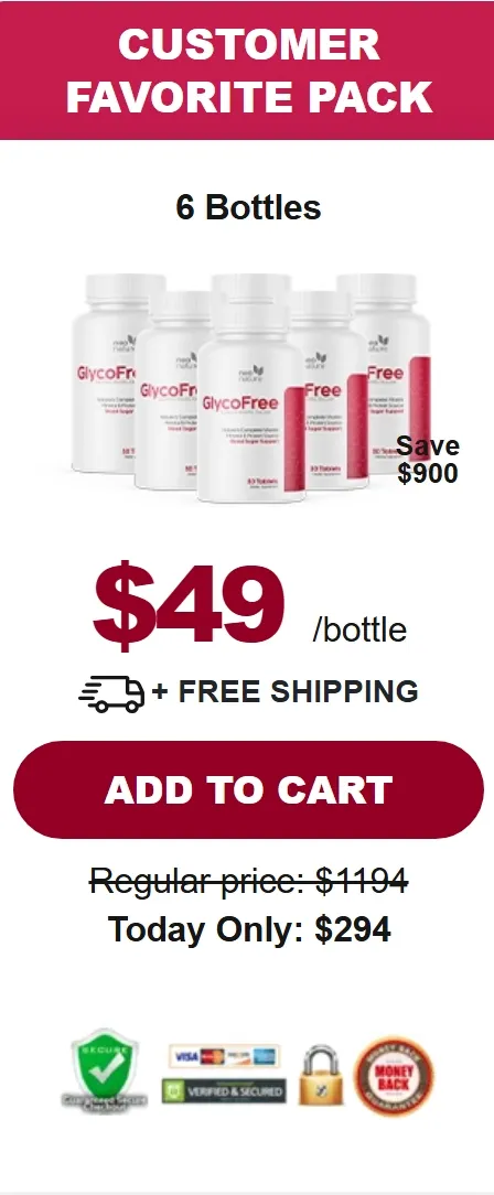 GlycoFree Customer Favorite Pack pricing offer featuring six bottles for $49 per bottle with free shipping.