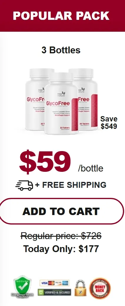 GlycoFree Popular Pack pricing offer featuring three bottles for $59 per bottle with free shipping.