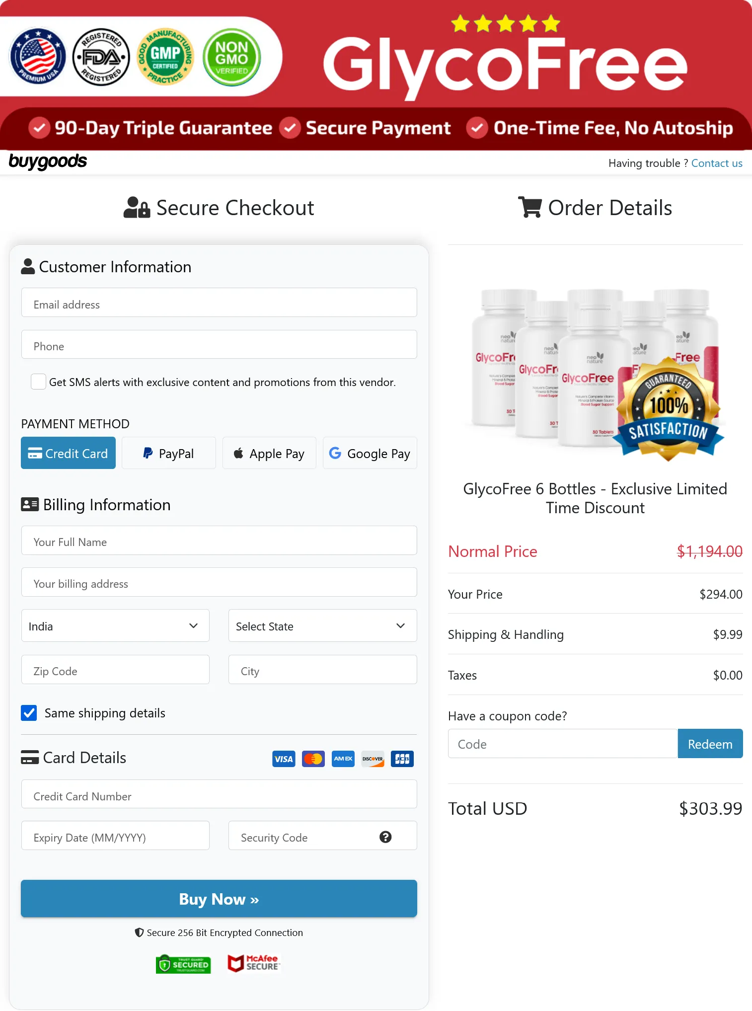 GlycoFree secure checkout page showing customer details form and an order total of $303.99 for 6 bottles